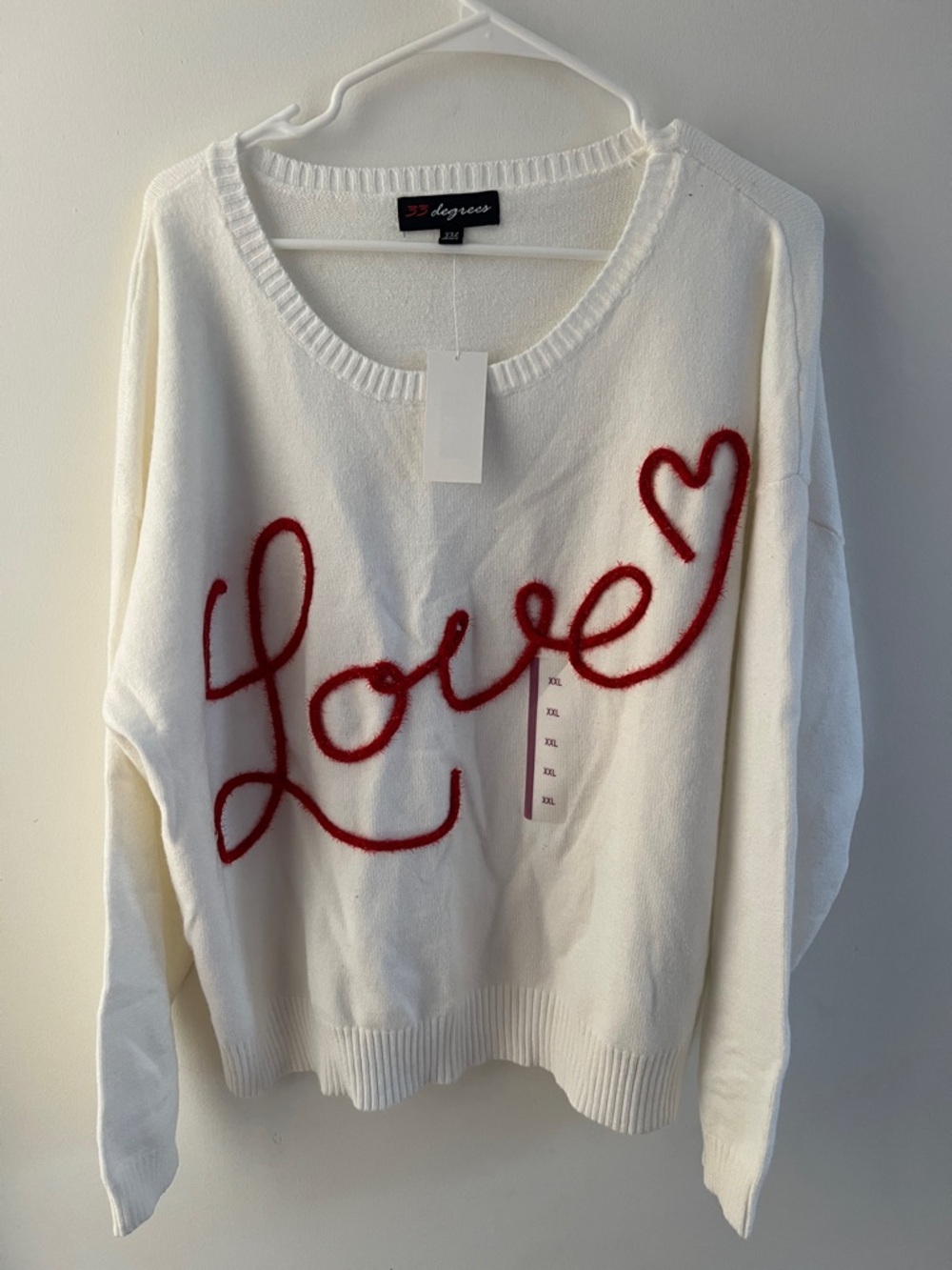 32 Degrees White Crewneck Sweater with Red 'Love' Script